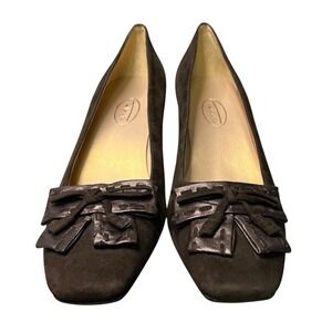 Talbots Suede Leather Pumps Womens 7.5 Brown Stitched‎ Bow Square Toe 1.75" Heel